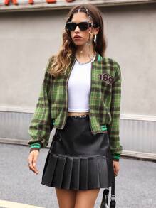 Flirla Plaid Print Letter Patched Striped Trim Drop Shoulder Zipper Overcoat - Green - View 3