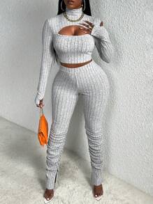 Slaydiva Bộ đồ mặc nhà thường ngày dành cho nữ 2 món - Áo crop top dài tay cổ cao có lỗ xỏ ngón cái & Quần jogger ôm vừa vặn có gấu xẻ, màu xám có gân chải - Xám - Xem 1