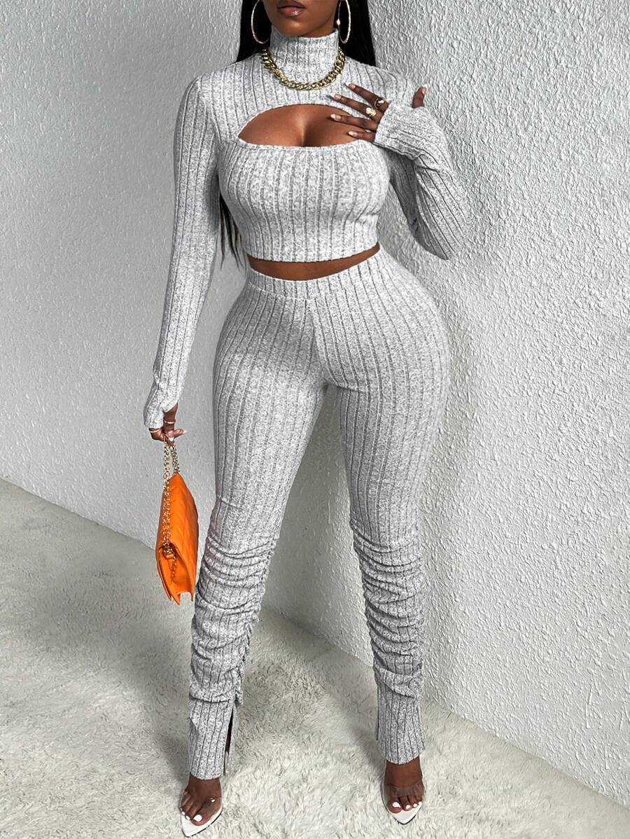 Slaydiva Bộ đồ mặc nhà thường ngày dành cho nữ 2 món - Áo crop top dài tay cổ cao có lỗ xỏ ngón cái & Quần jogger ôm vừa vặn có gấu xẻ, màu xám có gân chải - Xám - Xem 1