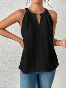 SHEIN Essnce 素色鎖眼領襯衫 - 黑色 - 查看 6