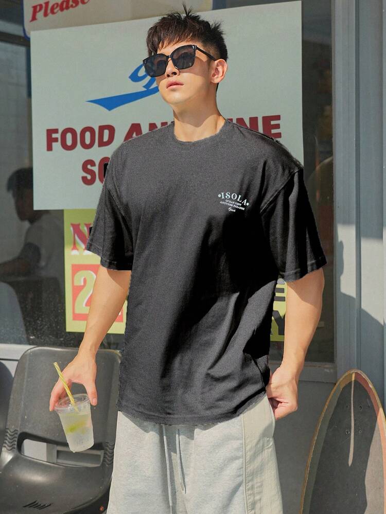 Men Letter & Palm Tree Print Drop Shoulder Tee Vacation
