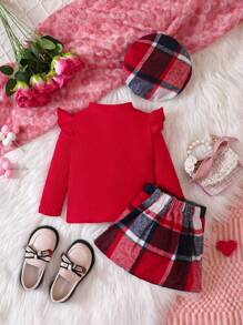 女婴荷叶边 T 恤和格子印花不对称下摆裙子和帽子，适合圣诞节 - 紅色 - 查看 2