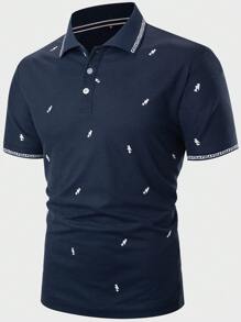 Manfinity Mode Men Embroidery Contrast Trim Polo Shirt - Navy Blue - View 5