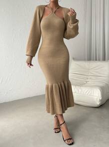 RosyDaze Ruffle Hem Sweater Dress & Lantern Sleeve Bolero Fall Winter Cloth For Women - Mocha Brown - View 3