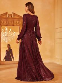 Đầm dạ hội cổ tròn tay loe đính sequin - Màu Đỏ Sâu - Xem 2