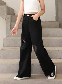 Einfache, vielseitige, verwaschene schwarze Jeans für Teenager
