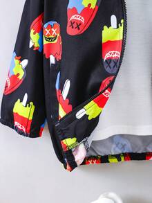 Young Boy Cartoon Graphic Zip Up Hooded Coat Without Tee - Black - View 4