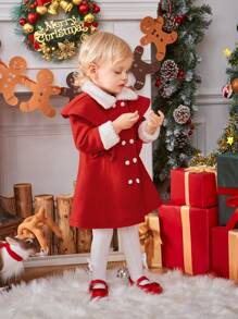 SHEIN Baby Girl Double Breasted Borg Collar Double Breasted Bow Front Coat