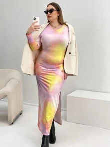 SHEIN Privé Plus Tie Dye Split Hem Bodycon Dress