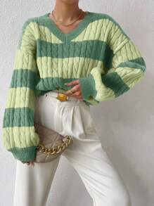 Chiquease Two Tone Cable Knit Drop Shoulder Sweater,Long Sleeve Tops Knit Pullover Fall Winter Outfit - Green - View 3