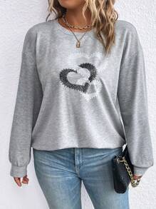 SHEIN LUNE Plus Size Sweatshirt With Heart Pattern Graduation,Back To School Outfits,Graduation,Teacher Outfits For Women,Back To School Pullover Fall Outfit Winter Autumn - Grey - View 6