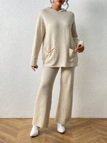 Drop Shoulder Pocket Patched Hooded Sweater & Knit Pants