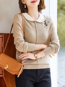 春季刺绣彼得潘领针织女式优雅长袖毛衣上衣 - 駝色 - 查看 4