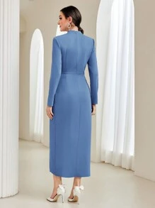 Modelyn Pearls Beaded Knot Side Wrap Hem Dress - Dusty Blue - View 2