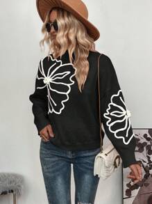 EMERY ROSE 花卉图案高领落肩针织套头衫秋冬毛衣 - 黑色 - 查看 3