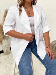SHEIN LUNE Hơn Cổ áo thác nước Tay áo cuộn Mở Mặt trước áo - trắng - Xem 1