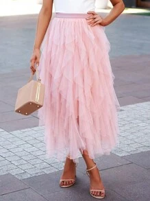 Layered Hem Mesh Overlay Skirt - Dusty Pink - View 5