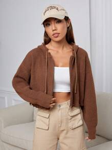 SHEIN EZwear Thả vai Dây rút áo có mũ Áo len Mở - Màu nâu Sô-cô-la - Xem 5