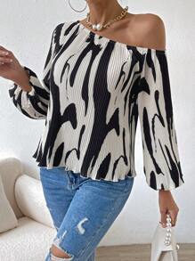 SHEIN LUNE Graphic Print Asymmetrical Neck Lantern Sleeve Blouse