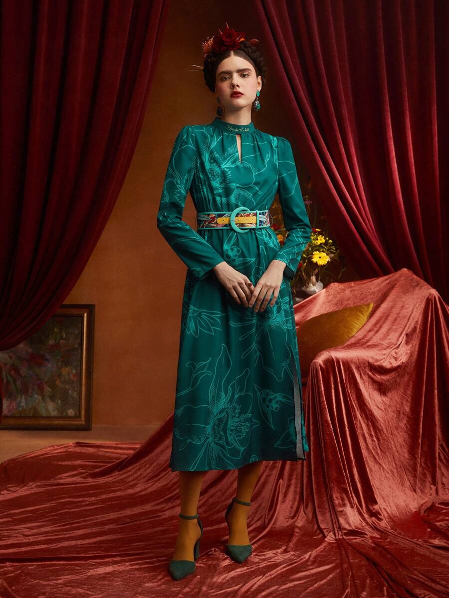 Frida Kahlo X SHEIN 印花鎖眼領洋裝不附腰帶 - 綠色 - 查看 1