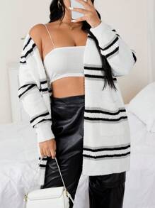 SHEIN Clasi Plus Size Striped Pattern Cardigan - Black and White - View 1