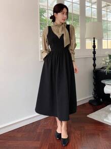 DAZY Solid Overall Dress Without Blouse - Black - View 3