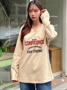 DAZY Letter Graphic Notched Neck Drop Shoulder Tee Long Sleeve Women Tops - Apricot - View 4
