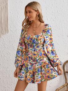 SHEIN VCAY 花卉印花燈籠袖褶皺胸圍荷葉邊下擺連衣褲 - 彩色 - 查看 5