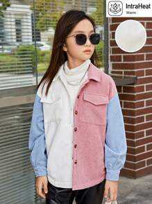 SHEIN Tween Girl Colorblock Flap Pocket Thermal Lined Corduroy Coat - Multicolor - View 1