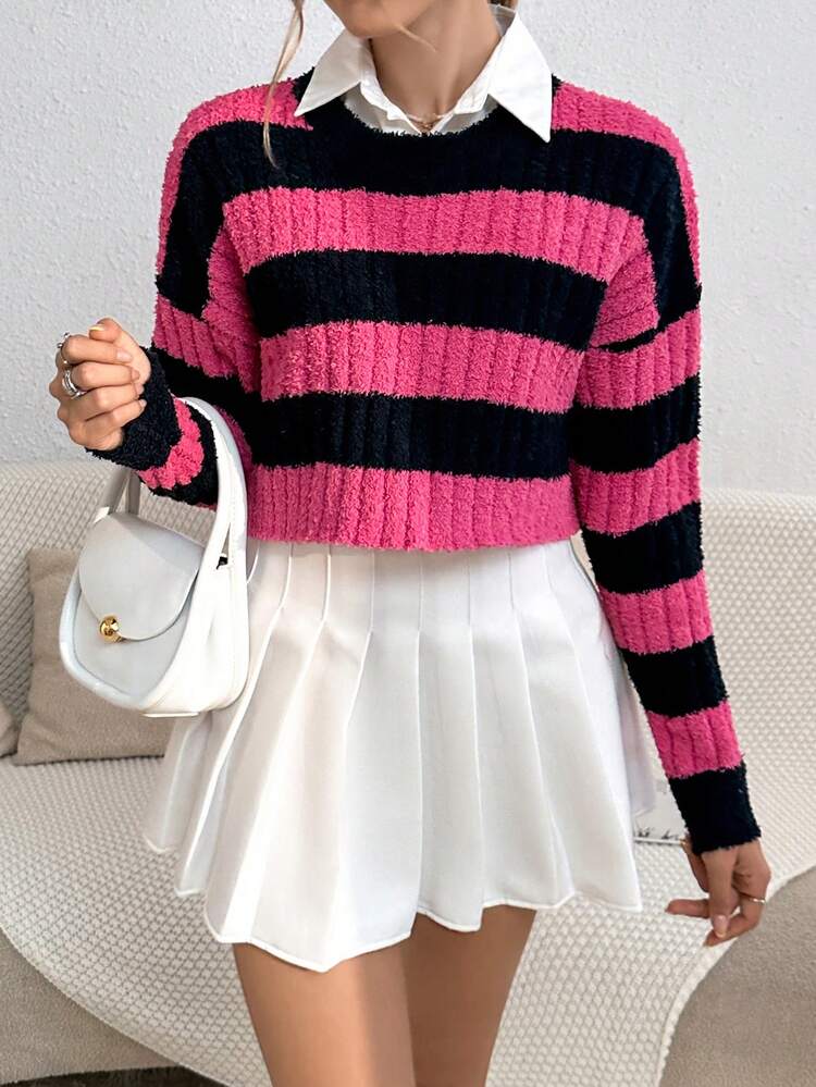 Two Tone Drop Shoulder Crop Knit Pullover Fall Winter Sweater