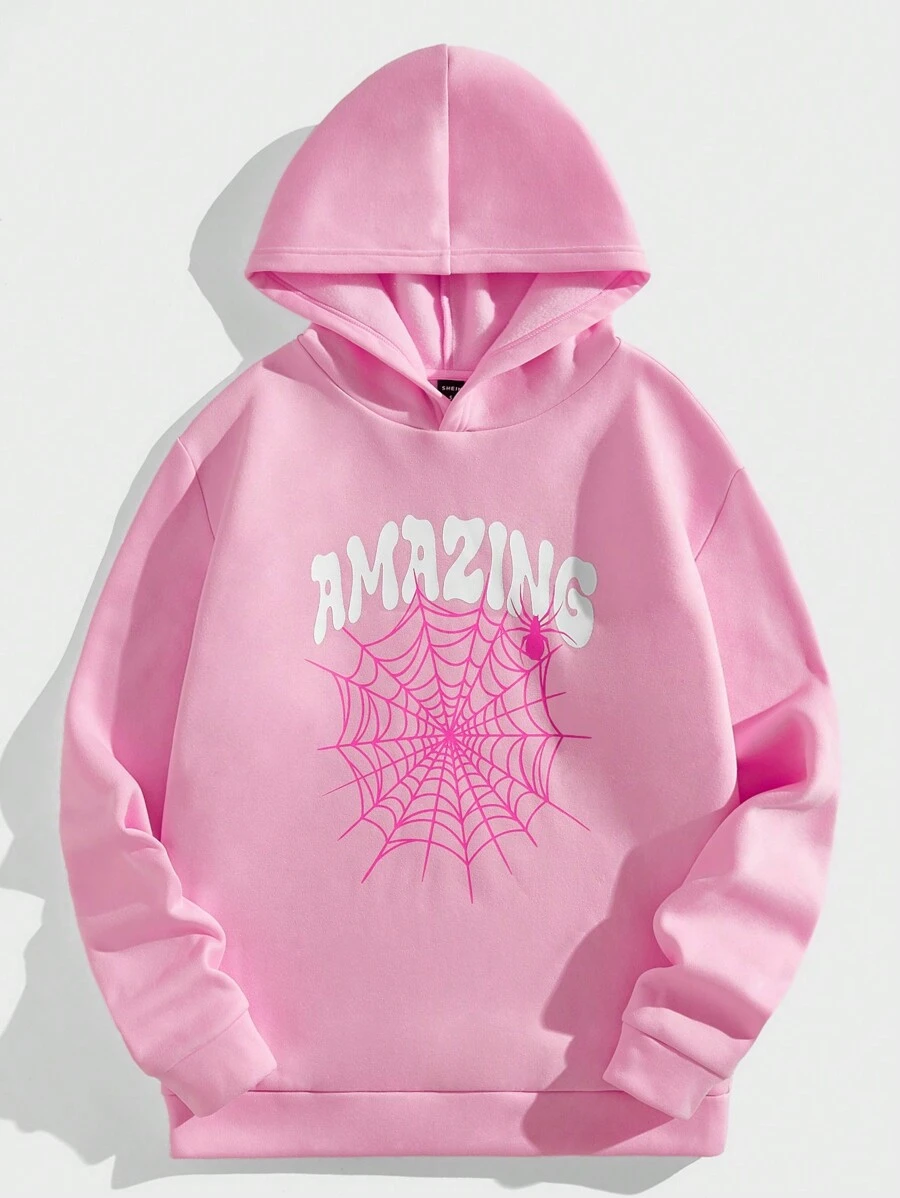 Manfinity VCAY Hombres Capucha térmica con letra & con estampado de telaraña - Rosa Pálido - Ver 1