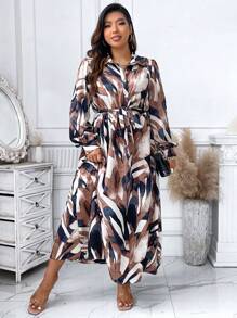 Breezaya Plus Allover Print Lantern Sleeve Belted Shirt Dress - Multicolor - View 6