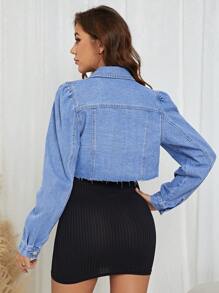 SHEIN Essnce Flap Pocket Raw Hem Denim Jacket - Light Wash - View 3