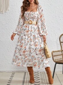 SHEIN VCAY Floral Print Square Neck Lantern Sleeve Dress Without Belt - Apricot - View 3
