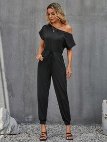 SHEIN LUNE 素色腰上打結不對稱領連身褲 - 黑色 - 查看 5