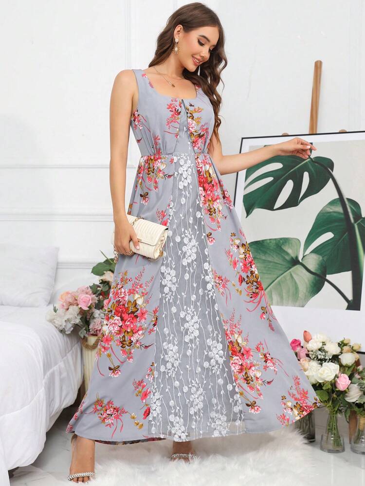 Floral Print Mesh Insert Dress