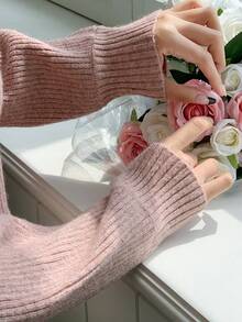 DAZY Cổ Trái tim Tay Raglan Đồ đan Ribbed Áo len - Bụi hồng - Xem 4