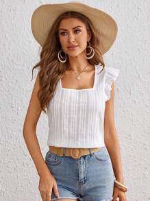 SHEIN VCAY Vacation Square Collar Cap Sleeve Neck Top Women's Shirt - White - View 4