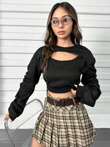 SHEIN Unity Cut Out Front Ruched Sleeve Crop Sweatshirt - Black - View 6