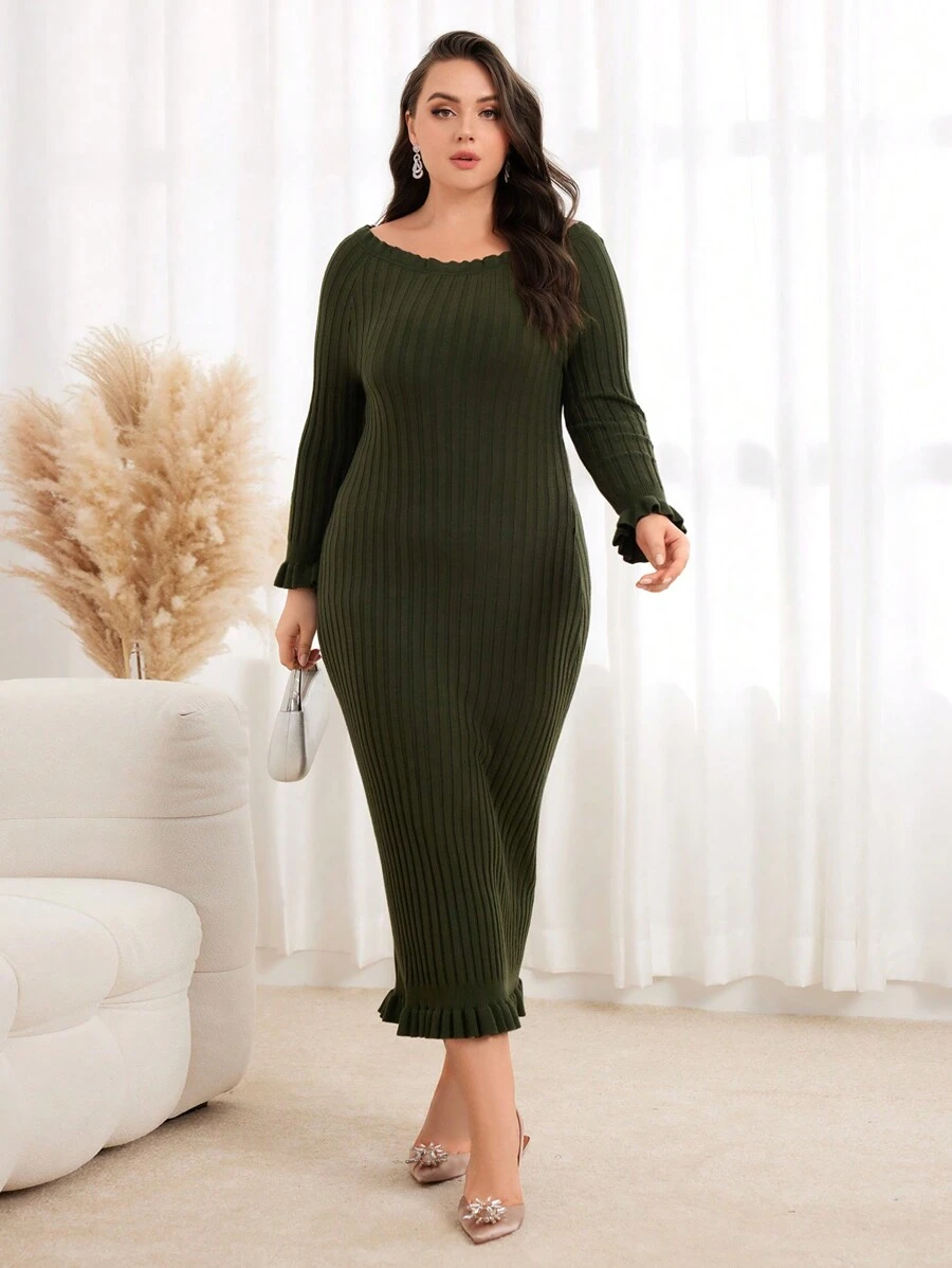 Modelyn Plus Frill Trim Ribbed Knit Bodycon Sweater Dress - Army Green - View 1