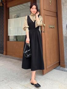 DAZY Solid Overall Dress Without Blouse - Black - View 1