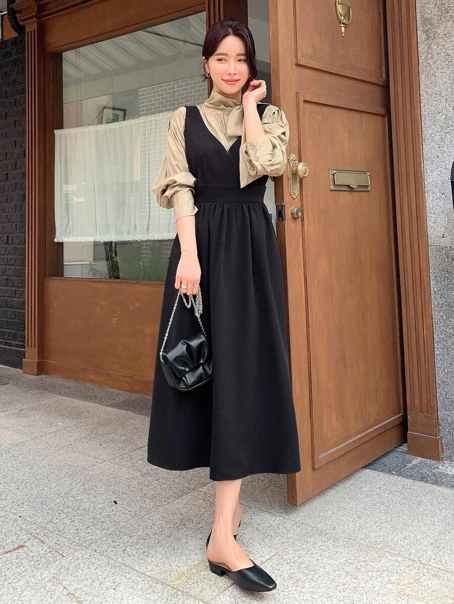 DAZY Solid Overall Dress Without Blouse - Black - View 1