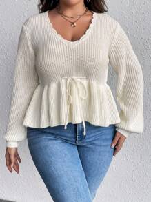 SHEIN Clasi Hơn Cắt vỏ sò Tay áo lồng đèn Nút phía trước Xoay eo Áo len - trắng - Xem 6