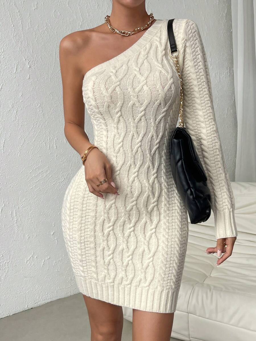 Chiquease One Shoulder Cable Knit Bodycon Sweater Dress Fall Winter Cloth For Women - Apricot - View 1