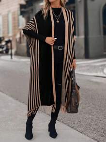 SHEIN LUNE 秋冬条纹流苏蝙蝠袖长袖开衫