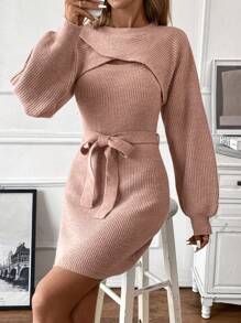 SHEIN Clasi Lantern Sleeve Super Crop Sweater & Belted Sweater Dress - Dusty Pink - View 1