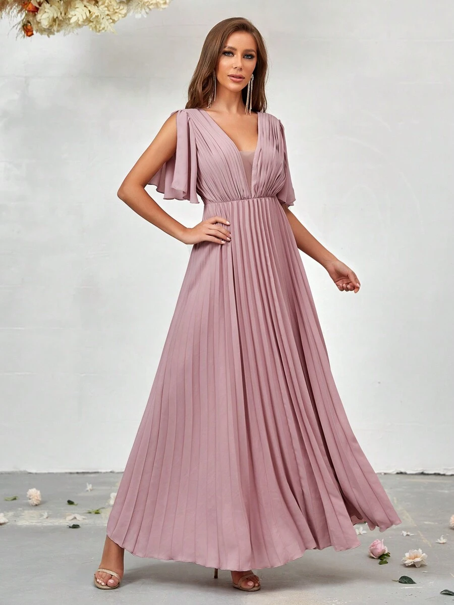 SHEIN Belle Plunging Neck Split Sleeve Pleated Hem Bridesmaid Dress Wedding Guest Dress Women