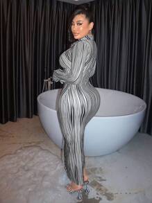 SHEIN SXY Striped Print Button Front Bodycon Dress - Black and White - View 2