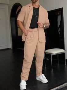 Manfinity Mode Men Solid Lapel Neck Blazer & Suit Pants - Pink - View 1