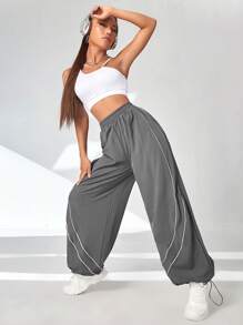 SHEIN Sports Contrast Piping Drawstring Hem Sports Pants - Grey - View 6